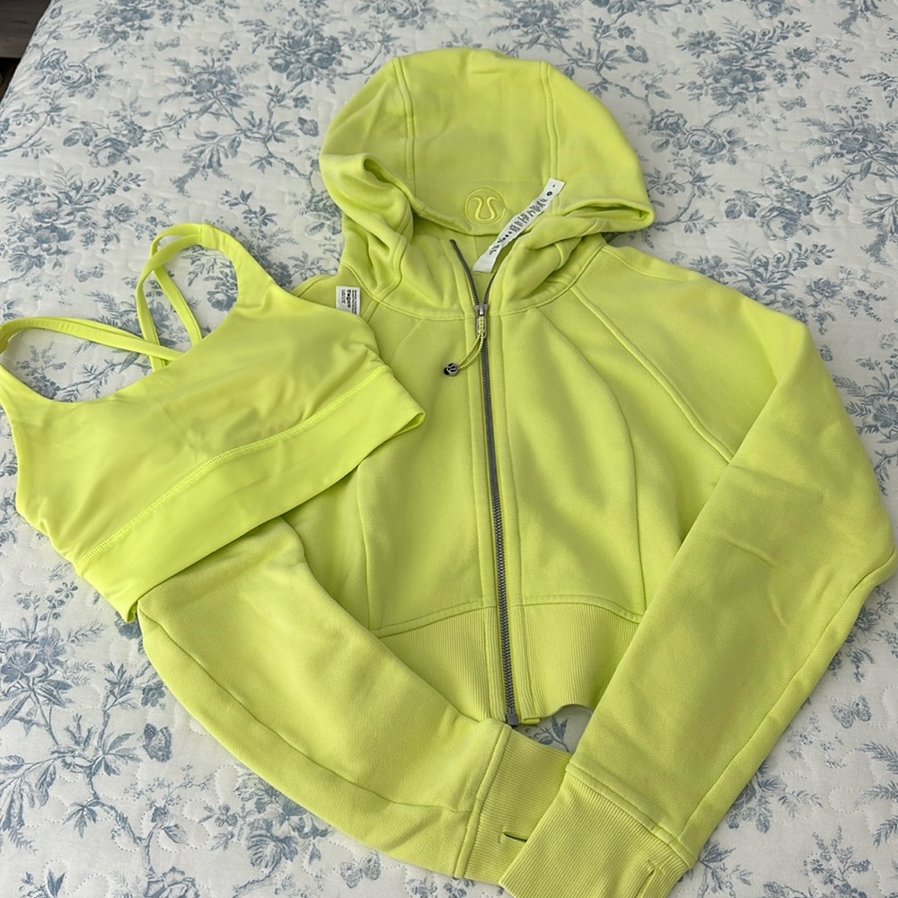 Lime green crop scuba hoodie and matching sport bra both size 4 like brand new